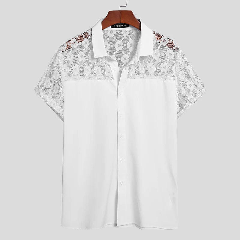 INCERUN Men Shirt Lace Mesh Patchwork Lapel Short Sleeve Streetwear See Through Sexy Camisas Summer 2024 Party Men Clothing