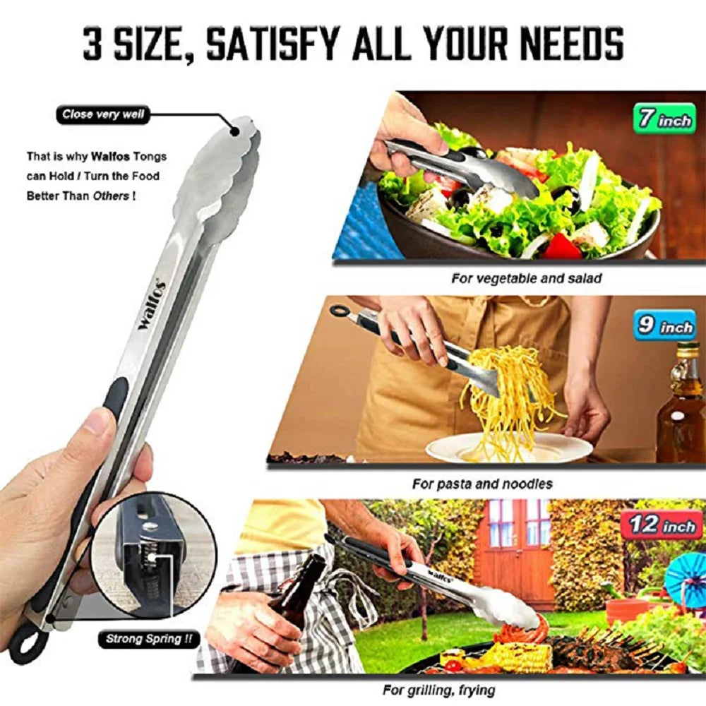 WALFOS BBQ Grilling Tong Salad Serving Food Tong Stainless Steel Metal Kitchen Tongs Barbecue Cooking Locking Tong Food BBQ Clip