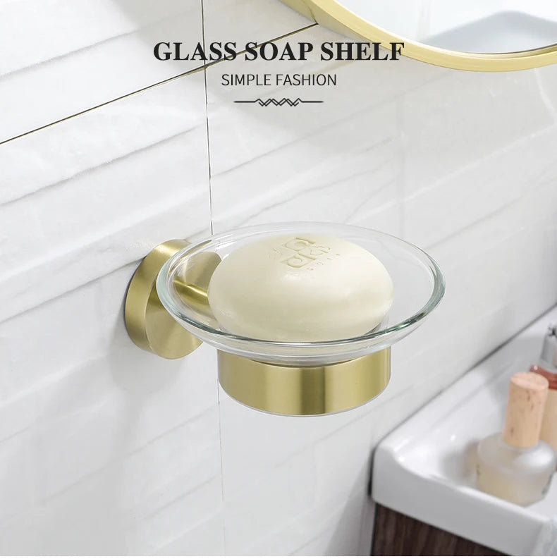 Soap Dish holder for Kitchen Bathroom Accessories Wall Mount Soap Dispenser Soap Rack With Glass Dish Metal Soap Holder Gold