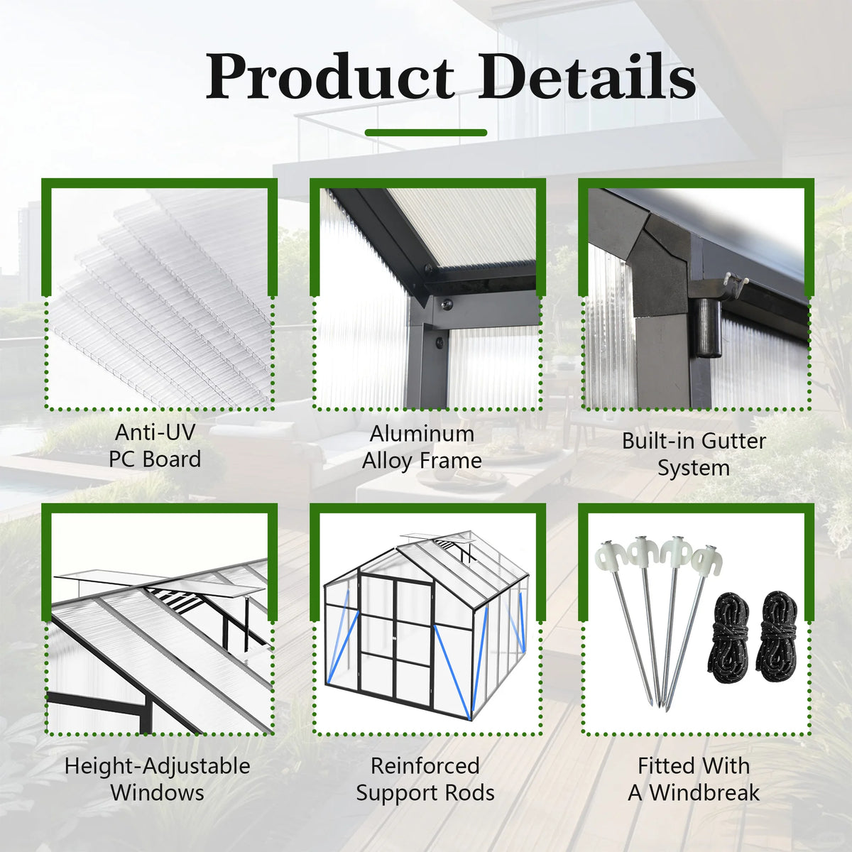 6*6ft in Stock Free Shipping in US With Windproof Rope and Ground Nails Walk in Aluminum Frame Pc Panel Garden Greenhouse