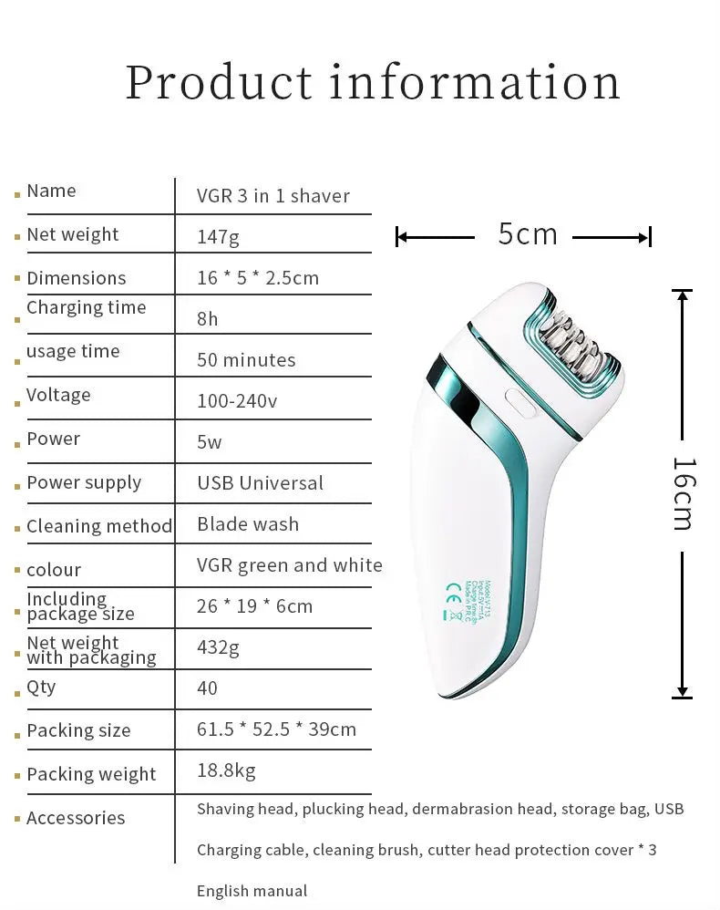 3 in 1 Rechargeable Epilator For Women Facial Hair Remover Female Epilator Face Depilation Leg Body Shaver Callus Remover