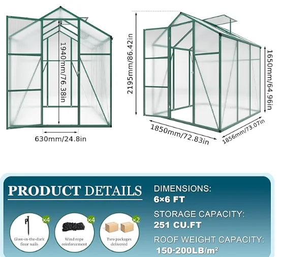 6*6ft in Stock Free Shipping in US With Windproof Rope and Ground Nails Walk in Aluminum Frame Pc Panel Garden Greenhouse