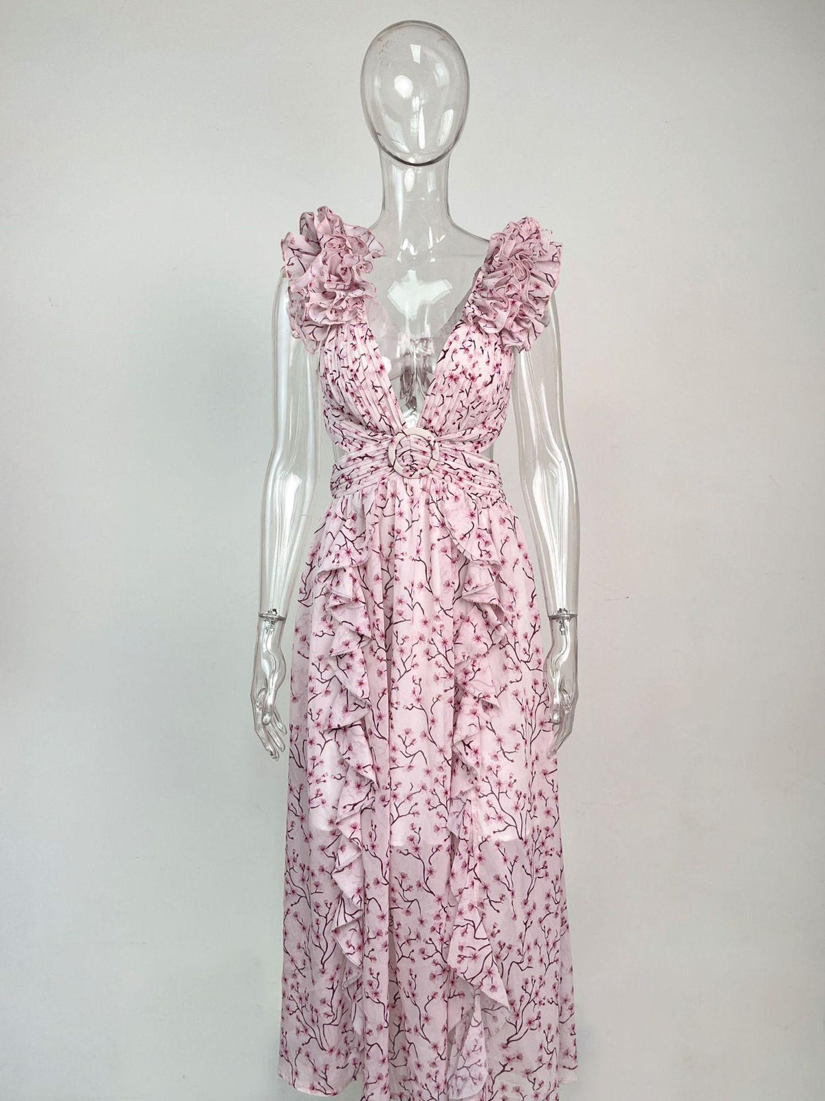 Summer Vacation Sexy Print Long Dress Deep V-Neck Backless Slim Fit Ruffled Floral Dress