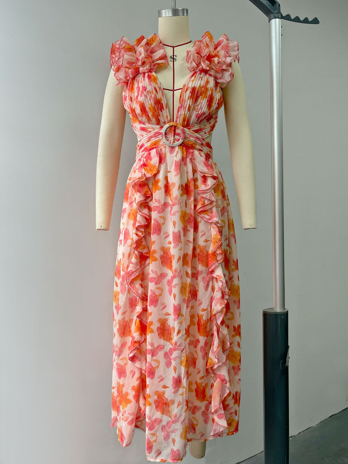 Summer Vacation Sexy Print Long Dress Deep V-Neck Backless Slim Fit Ruffled Floral Dress