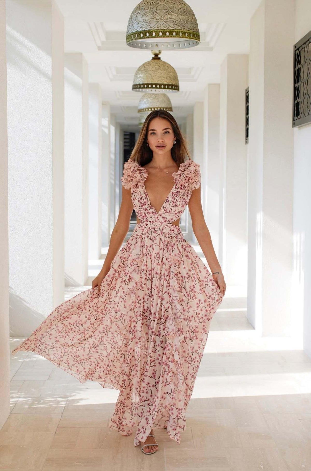 Summer Vacation Sexy Print Long Dress Deep V-Neck Backless Slim Fit Ruffled Floral Dress