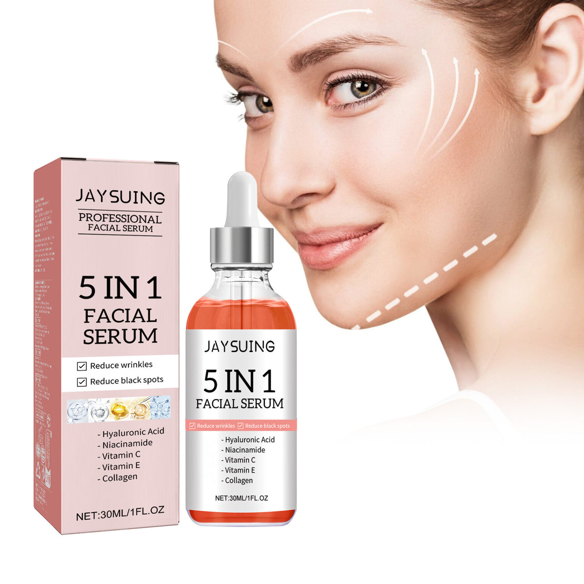 5 In 1 Facial Serum Fade Fine Lines Firming Skin Shrink Pores Moisturizing Brightning Vitamin C Hyaluronic Acid Face Serum