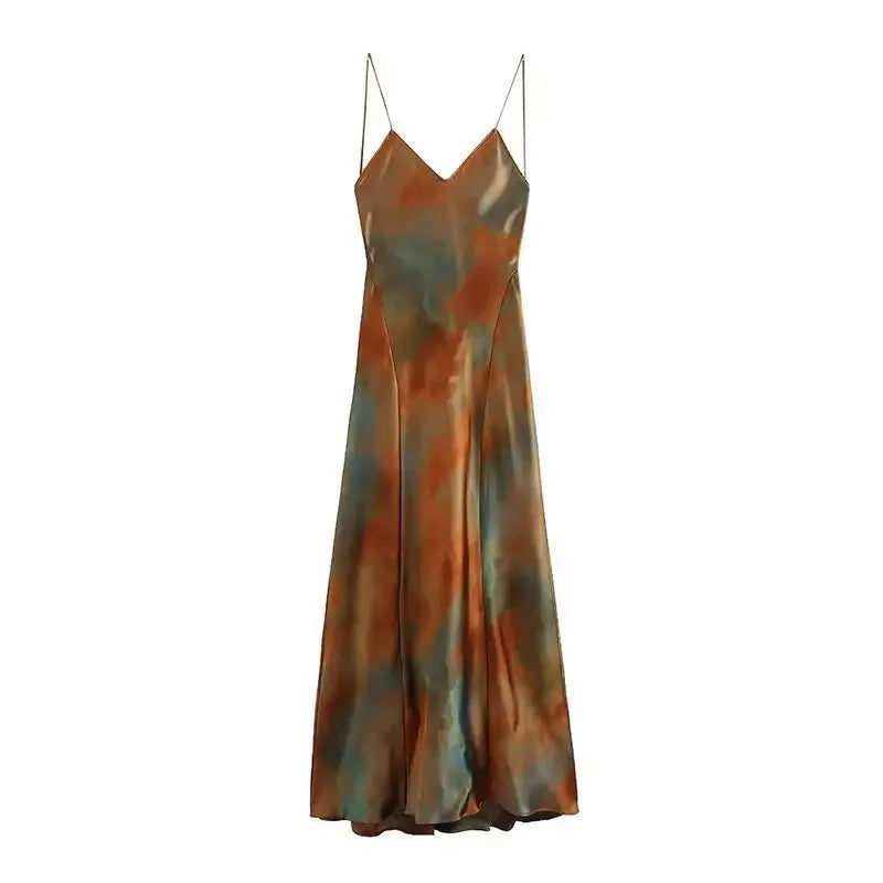 2023 New Women's Elegant Sexy Long Dress V-neck Open-back Rainbow Printing Tank Dress Sleeveless Summer Fashion
