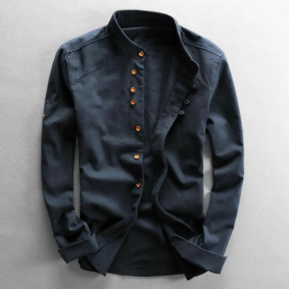 Men Spring Autumn Japan Vintage Style Cotton Linen Shirts Stand Collar Slim Fit Single Breasted Simple Design Soft Casual Shirt