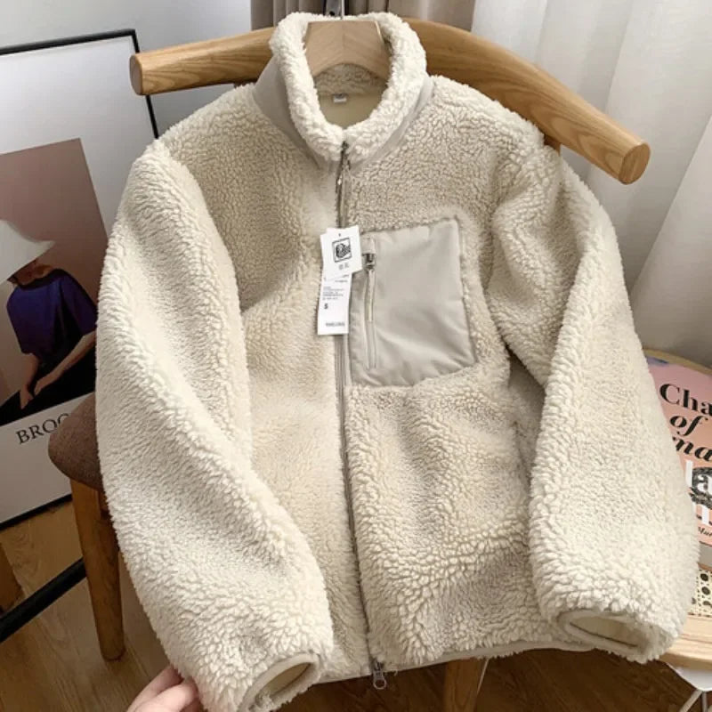 Autumn Winter Lambswool Coat Male Loose Windproof Warm Sherpa Stand Collar Polar Fleece Jacket Unisex Simple  Pocket Spliced Top