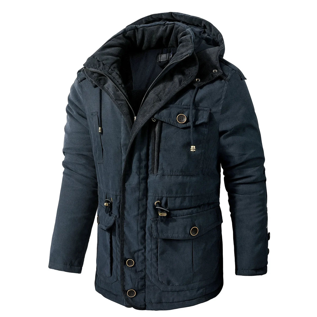 Men's Jacket WINTER USA SIZE Large SIZE Lamb Fleece JACKETS Hooded Cotton Thickened Multi Pocket Casual Mid length Coat