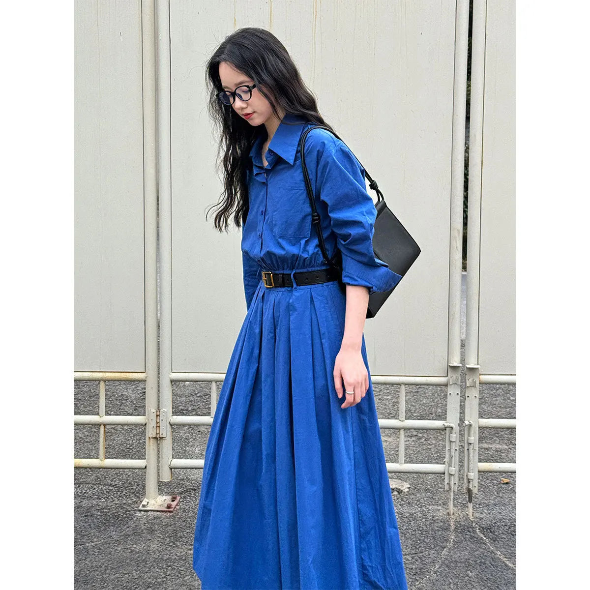Polo‘s Collar Shirt Dress  Women Spring Slimming Long Dress With A Cinched Waist Blue / Pink
