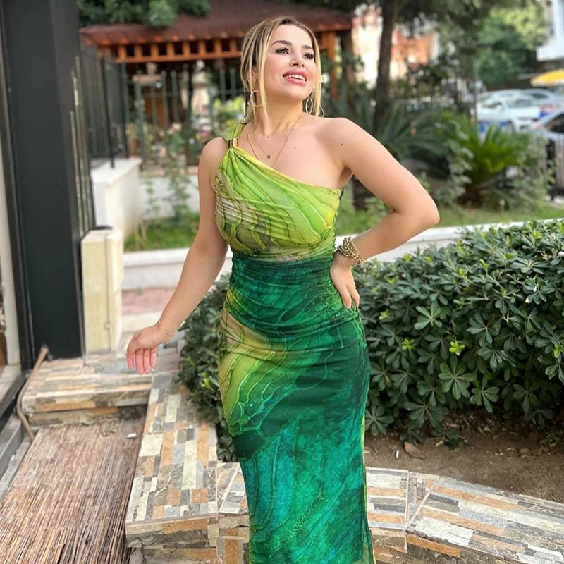 CUTENOVA Sexy Slash Collar Gradient Print Long Dress Summer Chic One-Shoulder Backless Party Dresses Sleeveless Hollow Slim Fit