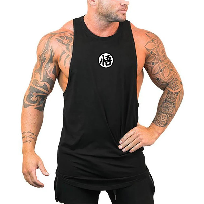 Japanese Anime Logo Wu Font Funny Printing Summer Clothing Gym Stringer Tank Top Men Fitness Sleeveless Shirt Bodybuilding Vest