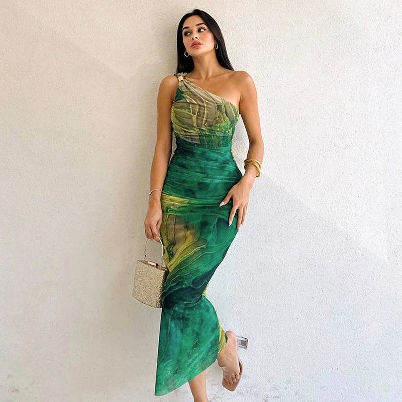 CUTENOVA Sexy Slash Collar Gradient Print Long Dress Summer Chic One-Shoulder Backless Party Dresses Sleeveless Hollow Slim Fit