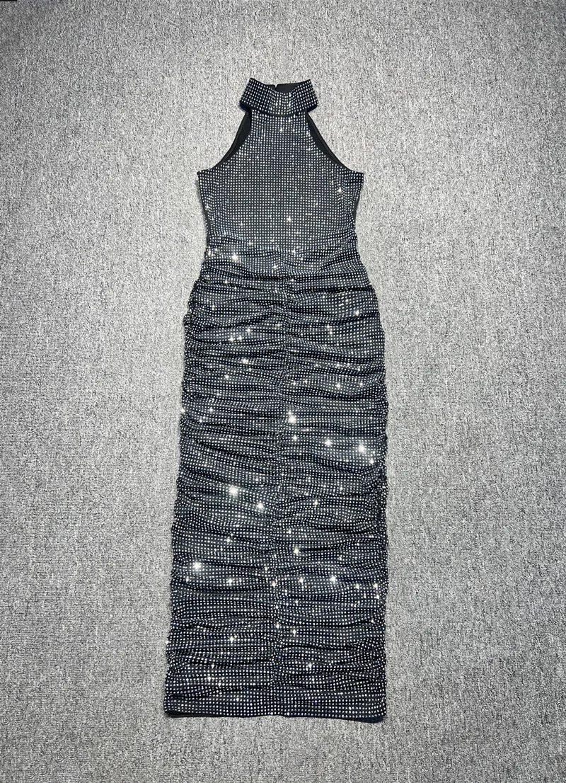 VC Halter Neck Backless Diamonds Long Dress For Women Sleeveless Folds Slim Formal Elegant Celebrity Cocktail Party Gown Vestido