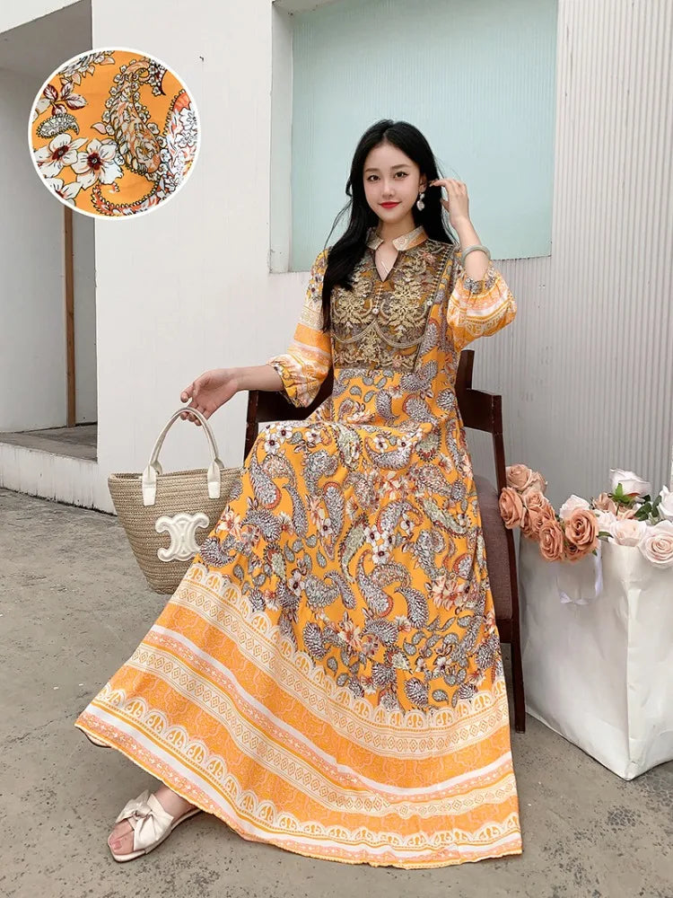 Summer Autumn Robe Maxi Long Dress Women Indian Clothes Boho Cotton Print Floral Boho Korean Style Fashion Casual Vestido Largos