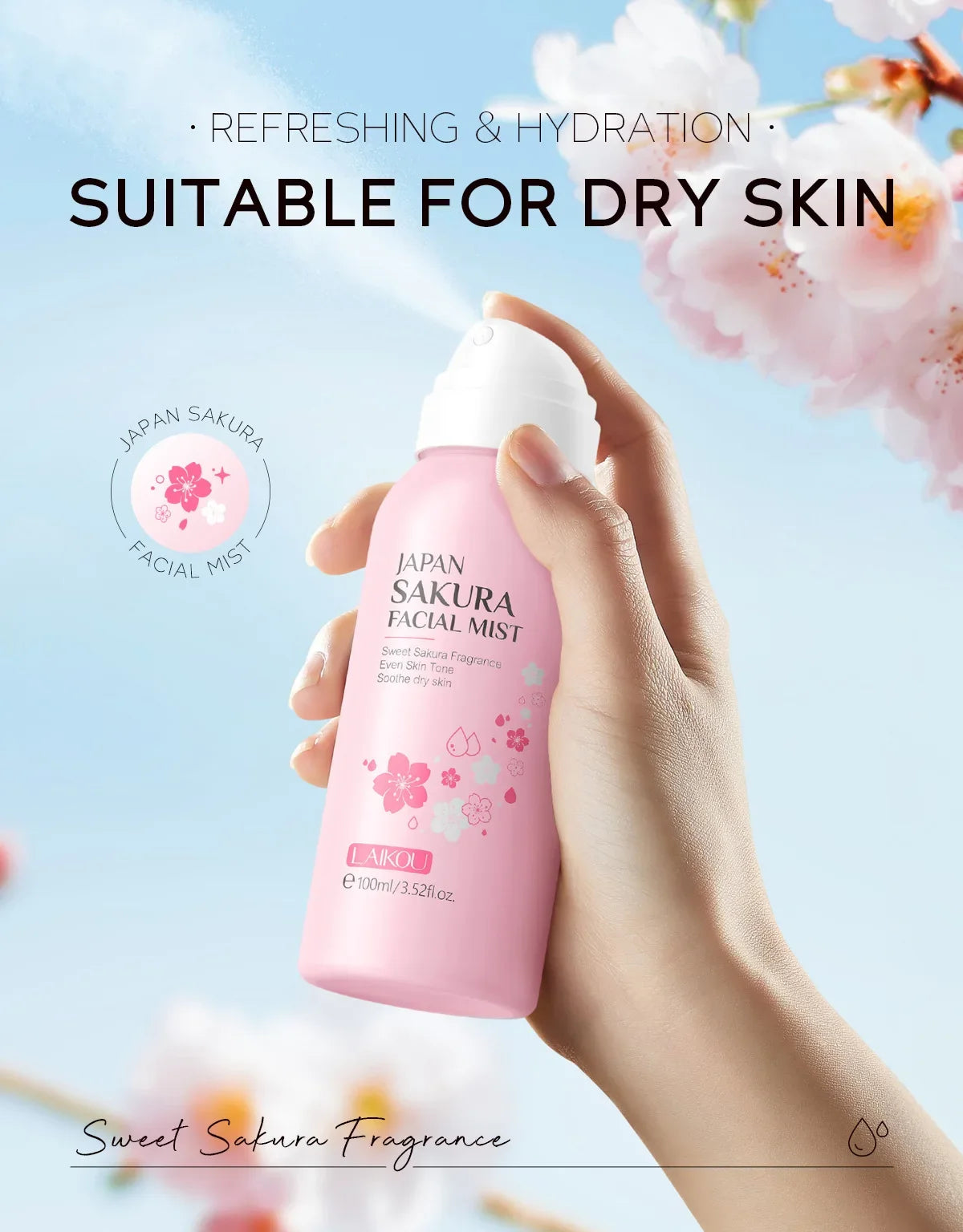 LAIKOU Sakura Facial Mist  Toner Hydrating Moisturize Gentle Repair Brightening Skin Improve Glow Serum Toner Spray 100ml