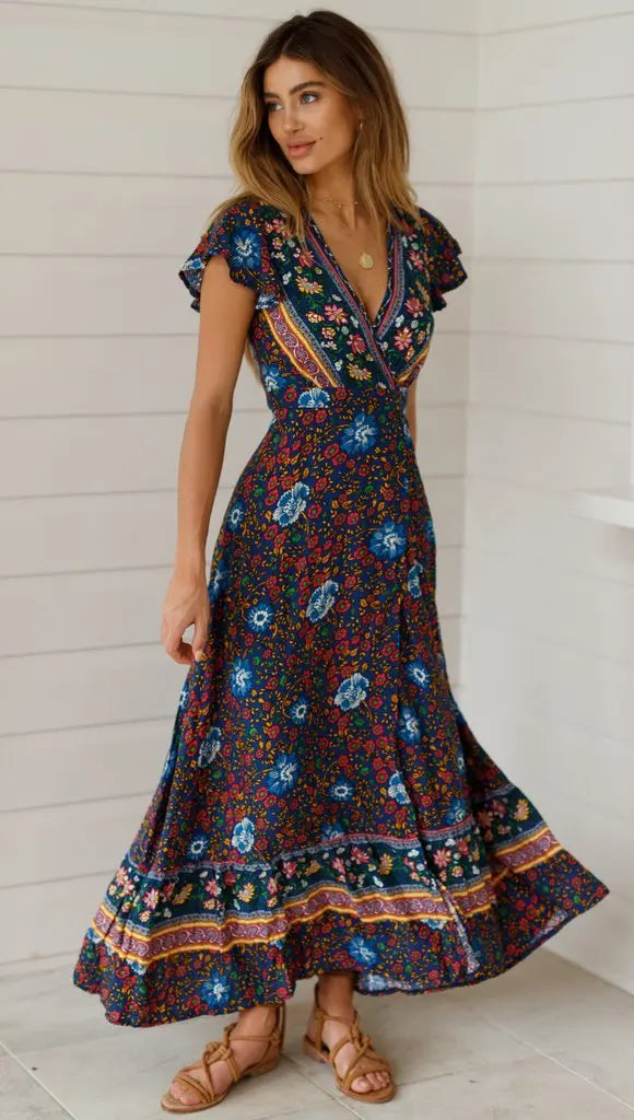 Summer Dress Women 2024 Short Sleeveless Casual V-neck Floral Print Boho Beach Long Dress S-3XL Sexy Split Party Robe