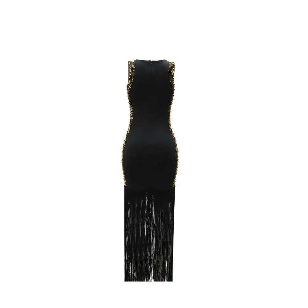 CM.YAYA Fall Diamonds Hot Rhinestones Tassel O-neck Women Sleeveless Bodycon Long Dress Birthday Party Evening Prom Maxi Dresses