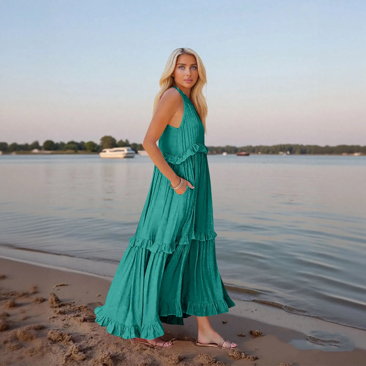 Women's Ruffled hem layered long dresses Summer Sleeveless backless dress Fashion Long Dress Big Swing Beach Dress vestidos