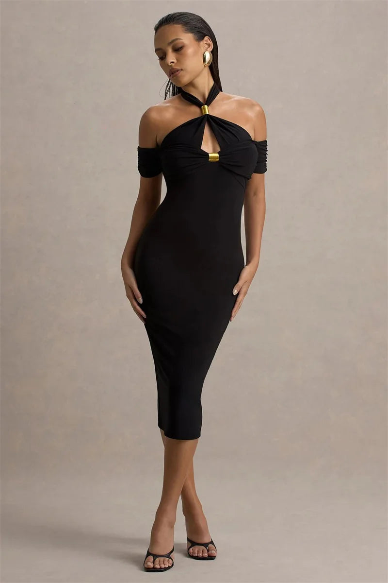 Mozision Hollow Out Halter Backless Sexy Midi Dress Women Fashion Off-shoulder Sleeveless Skinny Club Party Long Dress Elegant