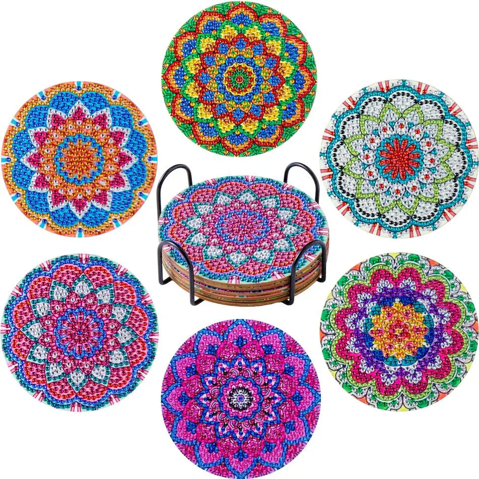 PhotoCustom 6pc/Sets Diamond Painting Coasters 5D DIY Round Diamond Mosaic Mandala Cup Coasters With Holder Kitchen Accessories