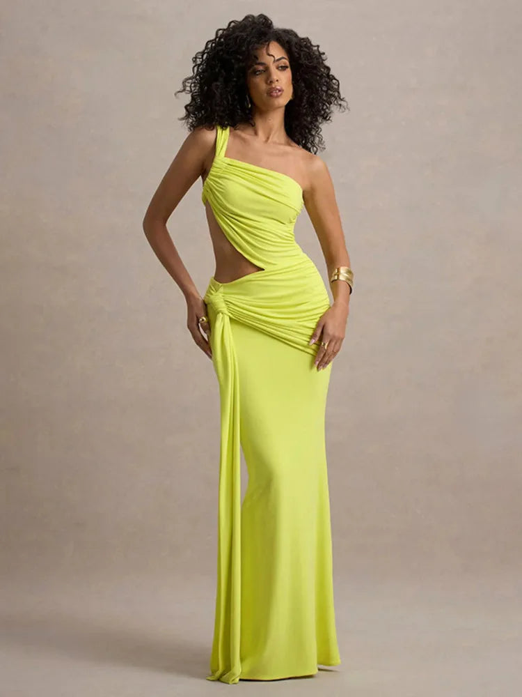 Mozision Irregular Ruched Sexy Maxi Dress For Women Gown Hollow Out One Shoulder Sleevelessdraped Bodycon Club Party Long Dress