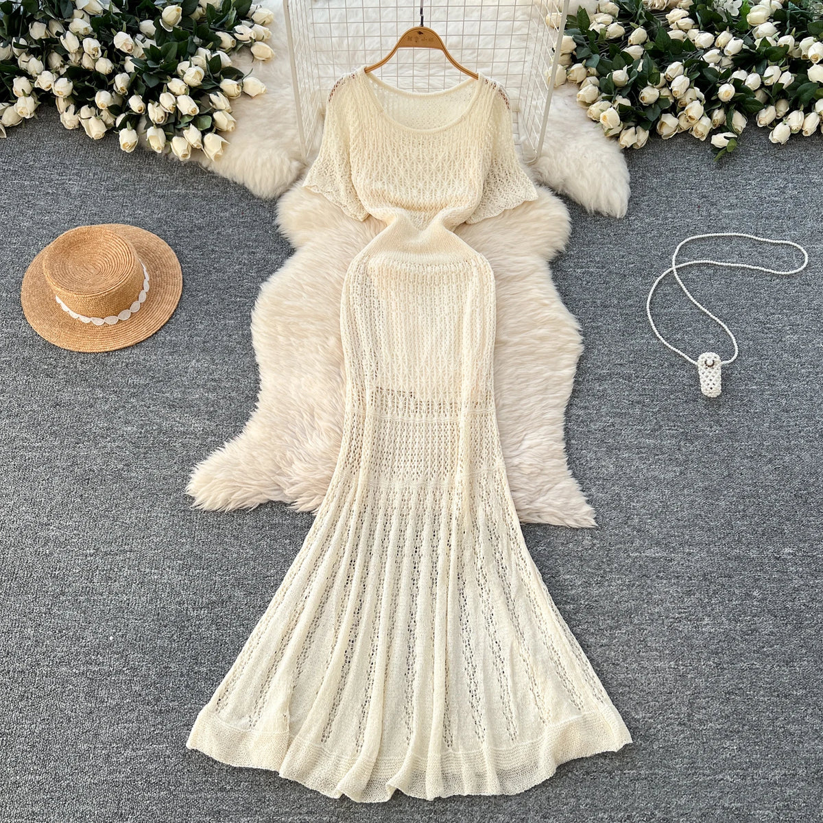 SINGREINY Vacation Style Casual Dress Suits Solid Strap Short Sundress+Knitting Hollow Out Long Dress Korean Women Beach Sets