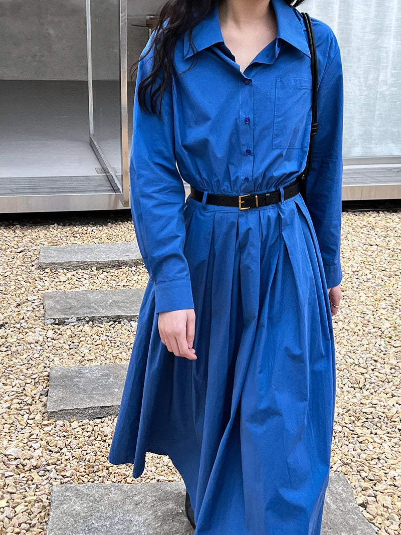 Polo‘s Collar Shirt Dress  Women Spring Slimming Long Dress With A Cinched Waist Blue / Pink