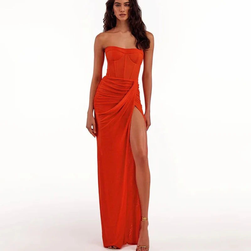 Summer New  women's Sexy breast wrapping，backless Dress, Red Wrinkled Hem Split Party ceremonial dress Long， Dress