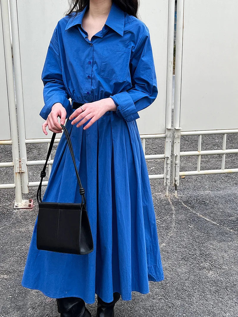 Polo‘s Collar Shirt Dress  Women Spring Slimming Long Dress With A Cinched Waist Blue / Pink