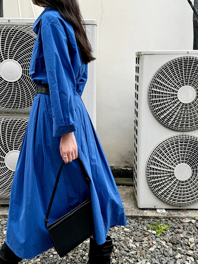 Polo‘s Collar Shirt Dress  Women Spring Slimming Long Dress With A Cinched Waist Blue / Pink