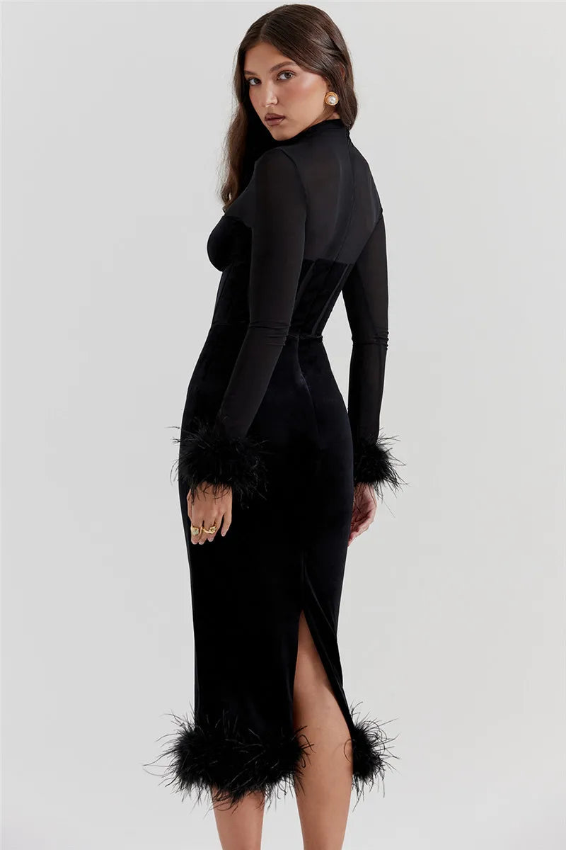 Mozision Elegant Feather Sexy Midi Dress For Women Black Fashion Sheer Long Sleeve Backless Bodycon Club Party Long Dress