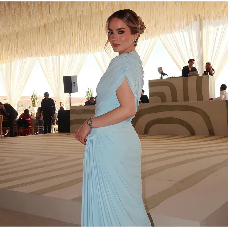 Shawl Long Dress Women Elegant Asymmetrical Chiffon Pleat Slim Waist Maxi Dresses 2025 Summer New Female Evening Party Prom Gown