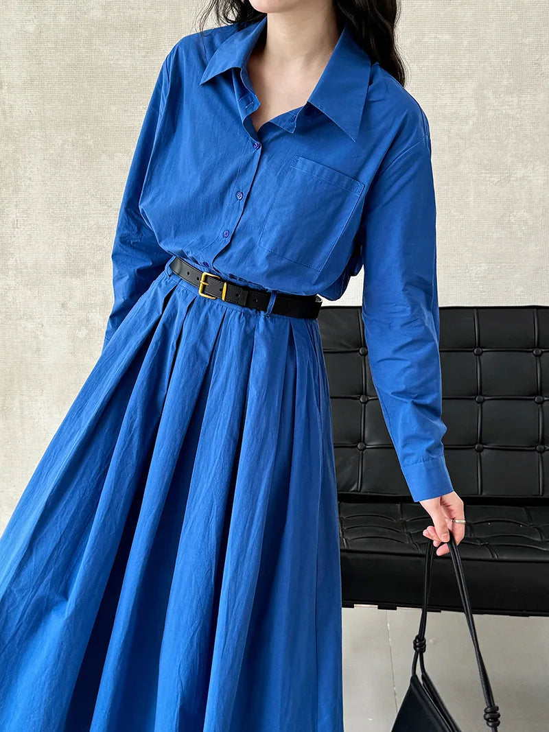 Polo‘s Collar Shirt Dress  Women Spring Slimming Long Dress With A Cinched Waist Blue / Pink