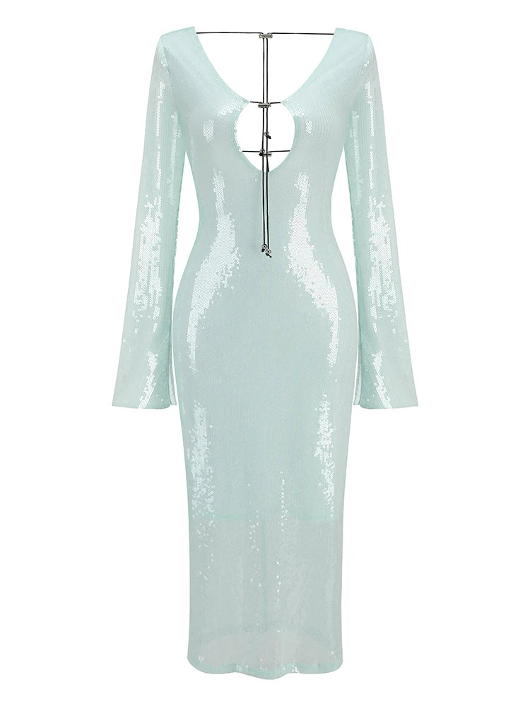 BEVENCCEL Sexy Luxury Sequins Deep V Long Sleeve Backless Sequins Long Dress Elegant  Bodycon Maxi Evening Party Clubwear Dress
