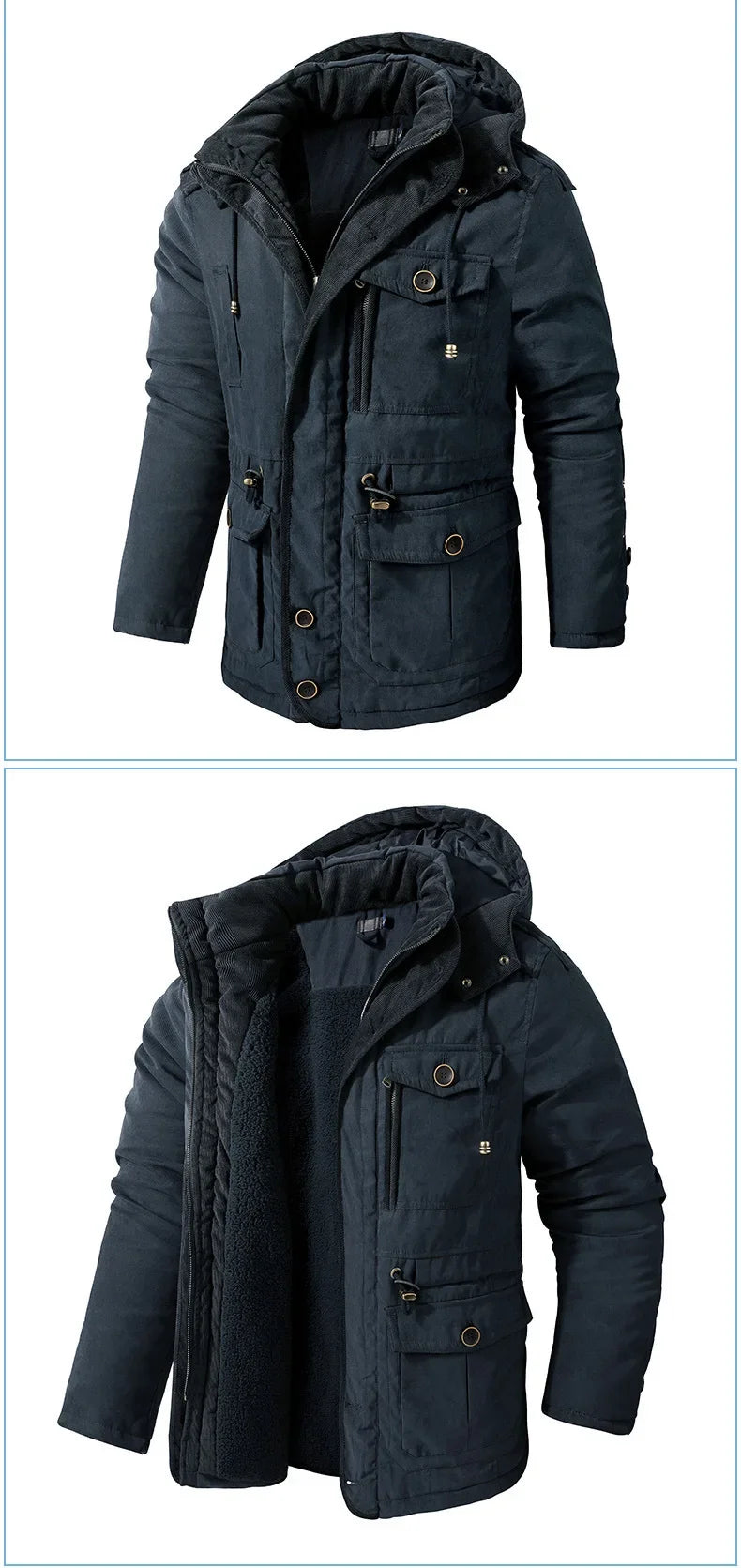 Men's Jacket WINTER USA SIZE Large SIZE Lamb Fleece JACKETS Hooded Cotton Thickened Multi Pocket Casual Mid length Coat