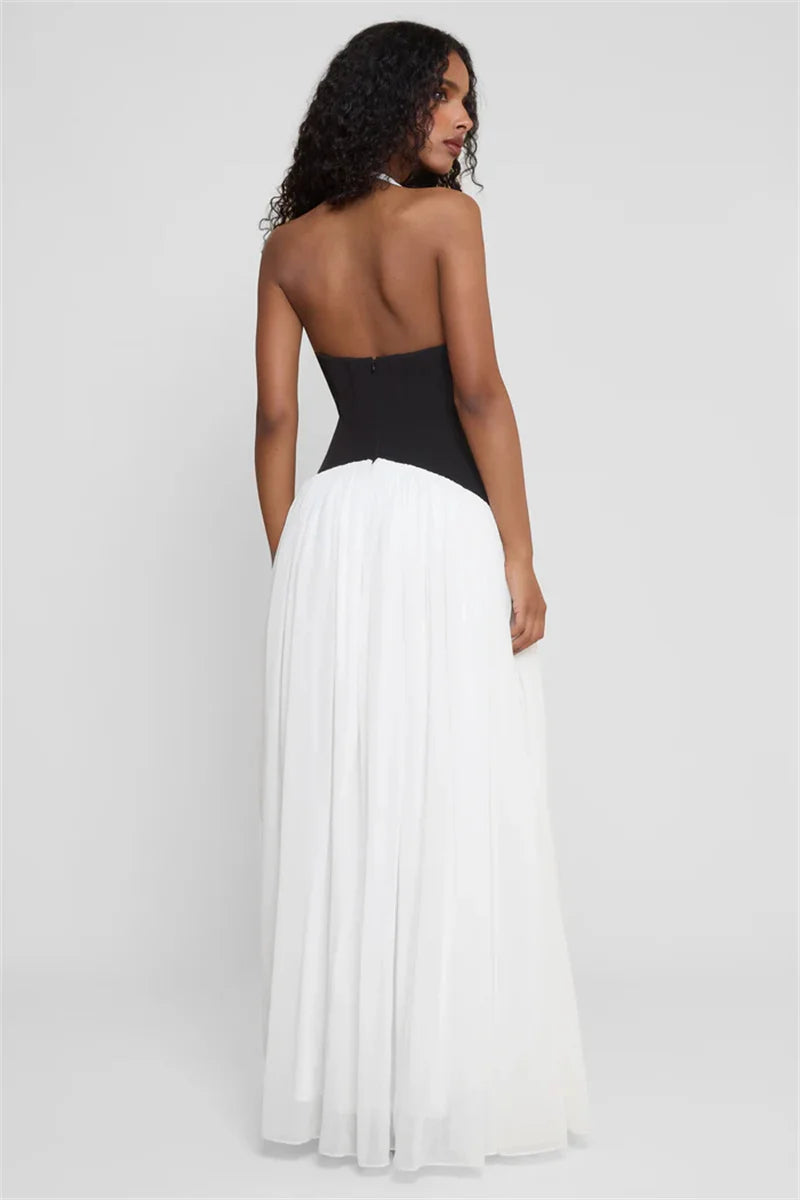 Mozision Halter Deep V Neck Backless Sexy Maxi Dress Women Gown Fashion Patchwork Sleeveless High Waist Club Party Long Dress