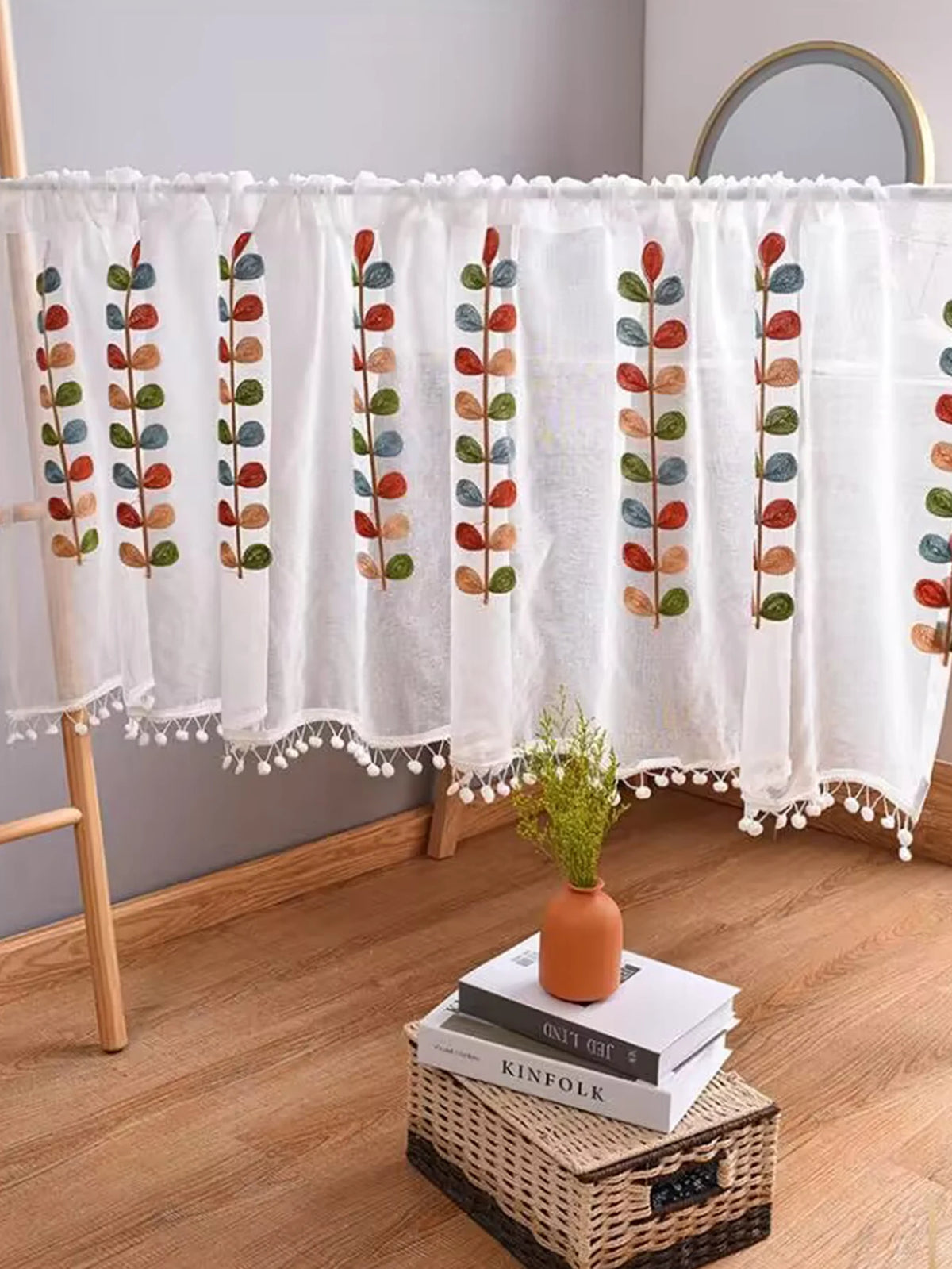 Four color branch Embroidered Semi Sheer Curtain Kitchen Tiers Half Window Sheer Curtains Rod Pocket Voile Drapes for Kitchen Ba