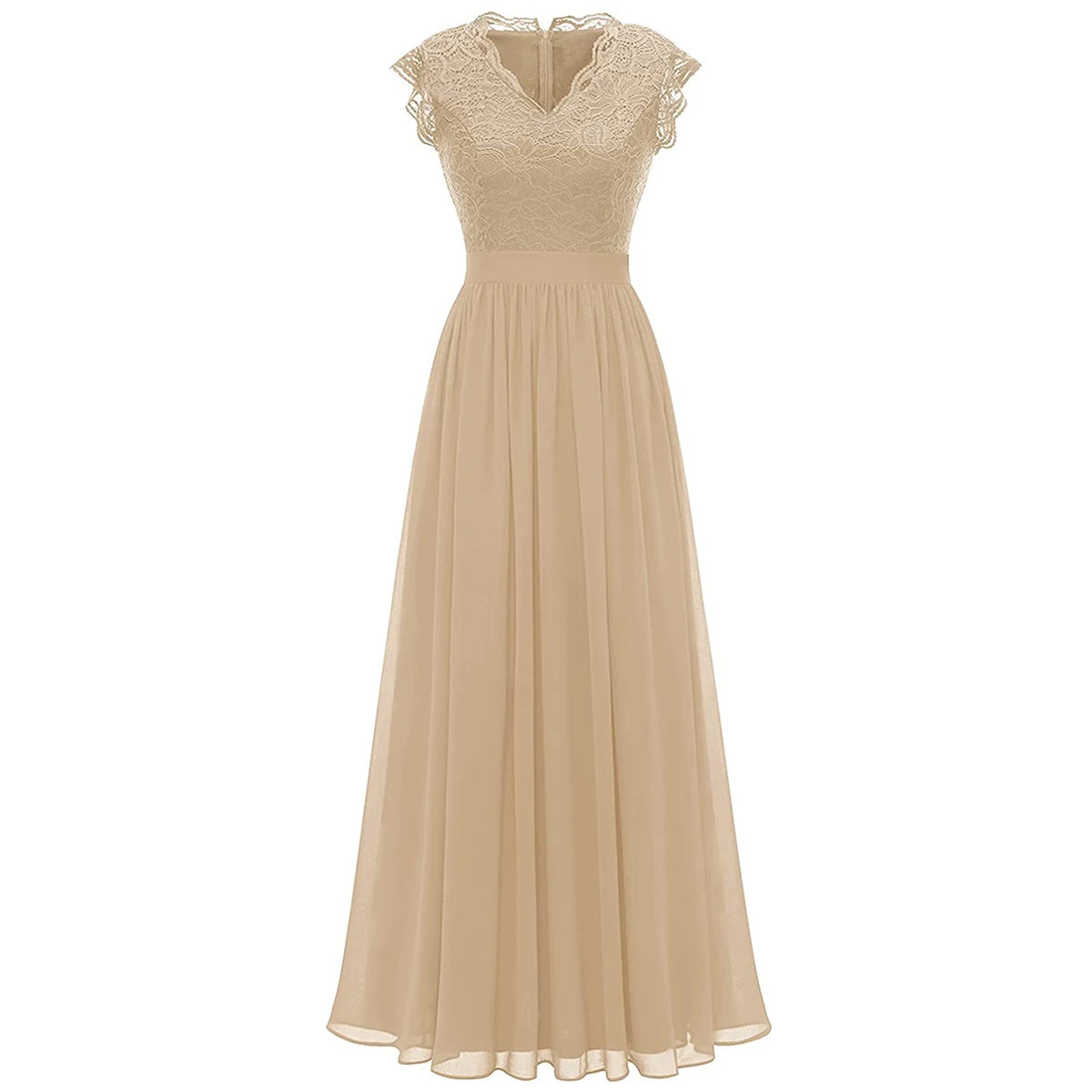 Elegant Women's Party Bridesmaid Long Dress Lace Patchwork Chiffon Sleeveless Wedding V Neck One Piece Formal Party Midi Dress