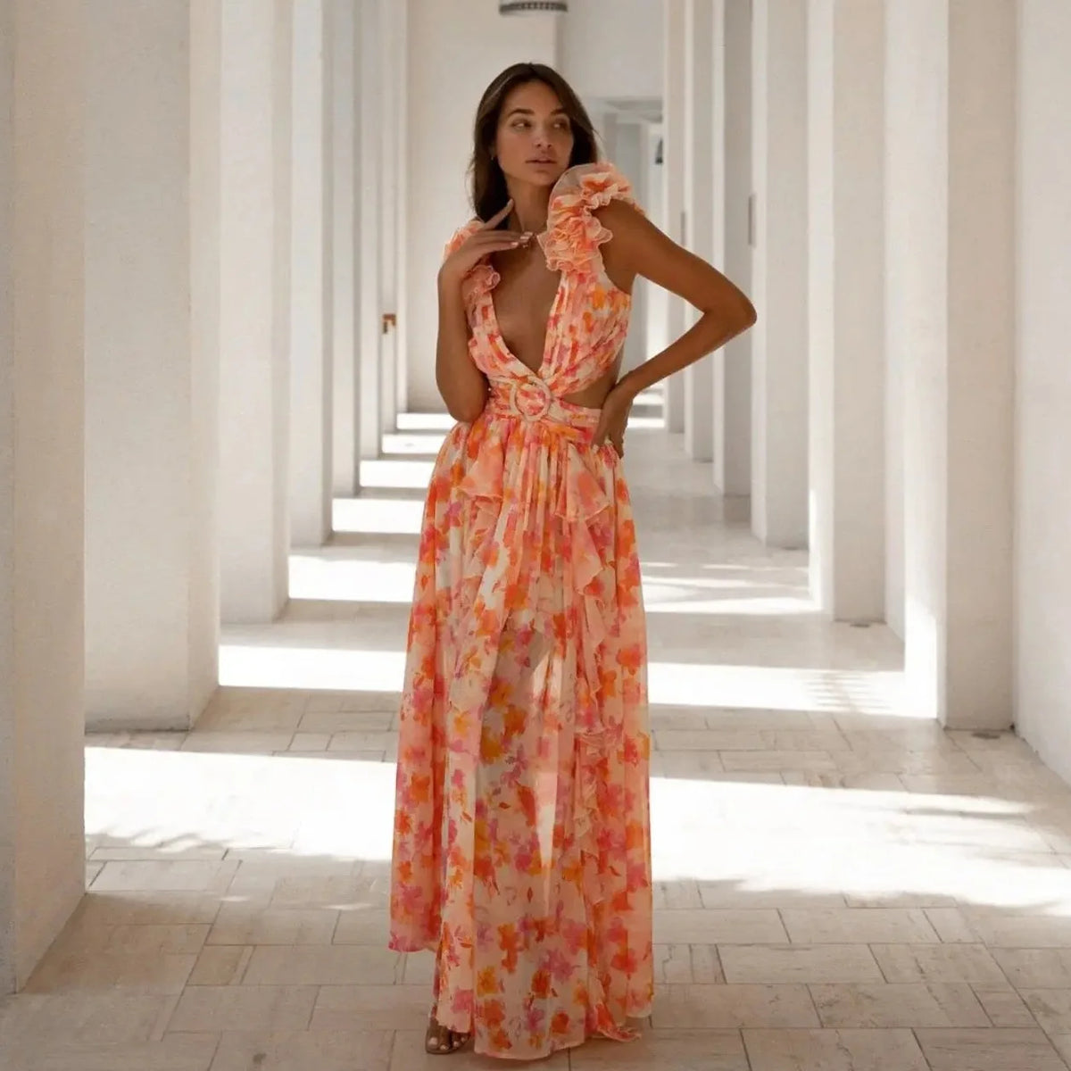 Summer Vacation Sexy Print Long Dress Deep V-Neck Backless Slim Fit Ruffled Floral Dress