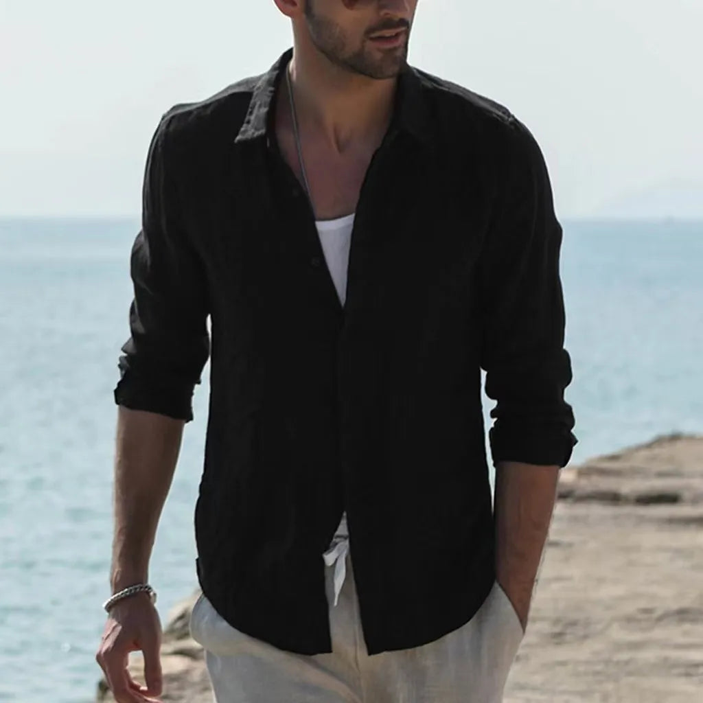 Men's retro casual long-sleeved lapel single-breasted cardigan shirt