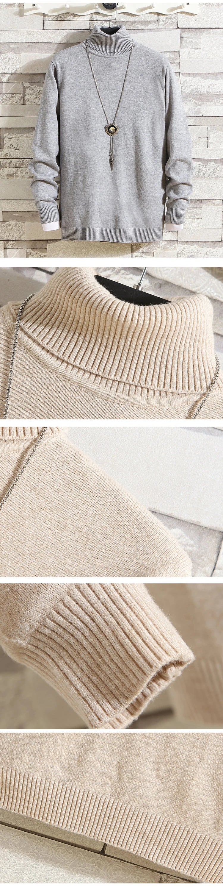 Mens Turtleneck Sweater Slim Fit Knitted Casual Pullover Lightweight Ribbed Long Sleeve Sweaters Autumn Solid Color Streetwear