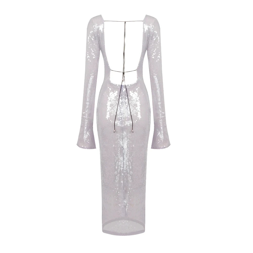 BEVENCCEL Sexy Luxury Sequins Deep V Long Sleeve Backless Sequins Long Dress Elegant  Bodycon Maxi Evening Party Clubwear Dress