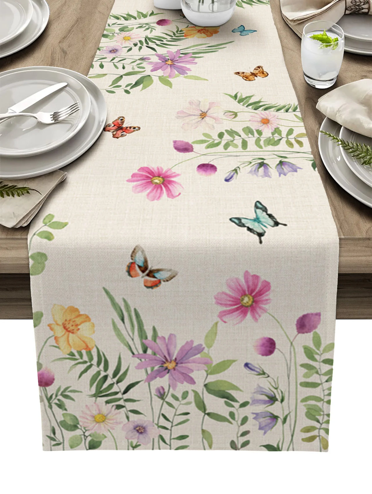 Spring Flower and Butterfly Table Runner, Luxury Kitchen Dinner Table Cover, Wedding Party Decor, Cotton Linen Tablecloth