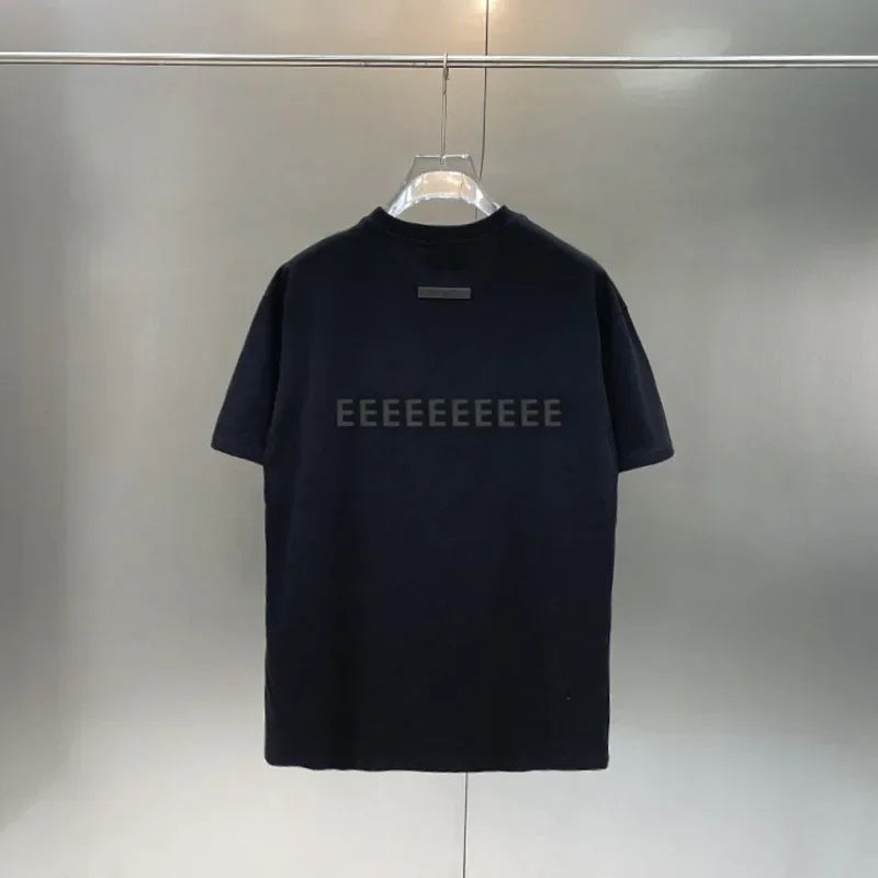 Season 7 Double Lined Back Two Rows Silicone Letter Men's Short Sleeve Classic Brand High Street Round Neck T-shirt Pullover Top