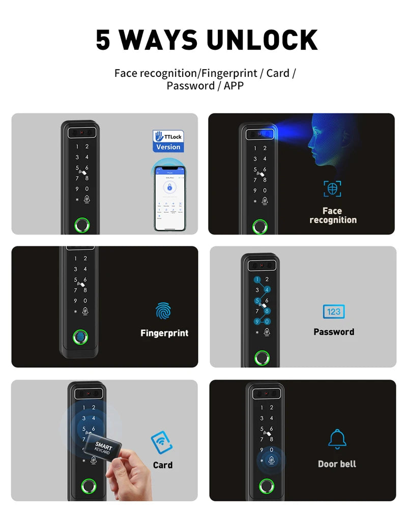 TTLOCK 3D Face Recognition Access Control Keypad Door Lock Opener Fingerprint E-Key Code App RF Remote Facial RFID Card Unlock