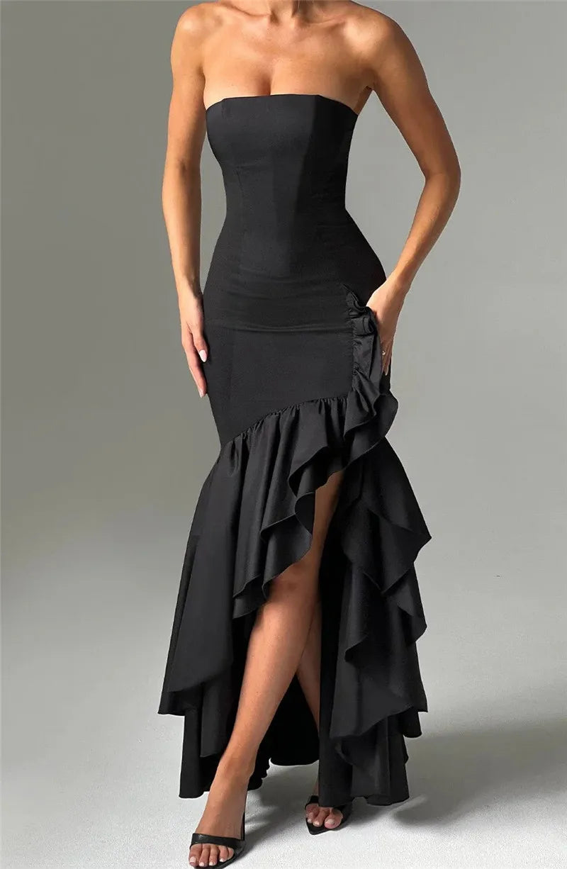 Mozision Strapless High Split Ruffle Long Dress For Women Fashion Off-shoulder Backless Sleeveless Bodycon Club Party Sexy Dress