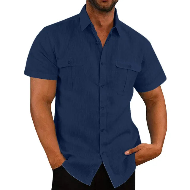 Cotton Linen Hot Sale Men Short-Sleeved Shirts Summer Solid Color Stand-Up Collar Casual Beach Style Plus SizeMale Shirts