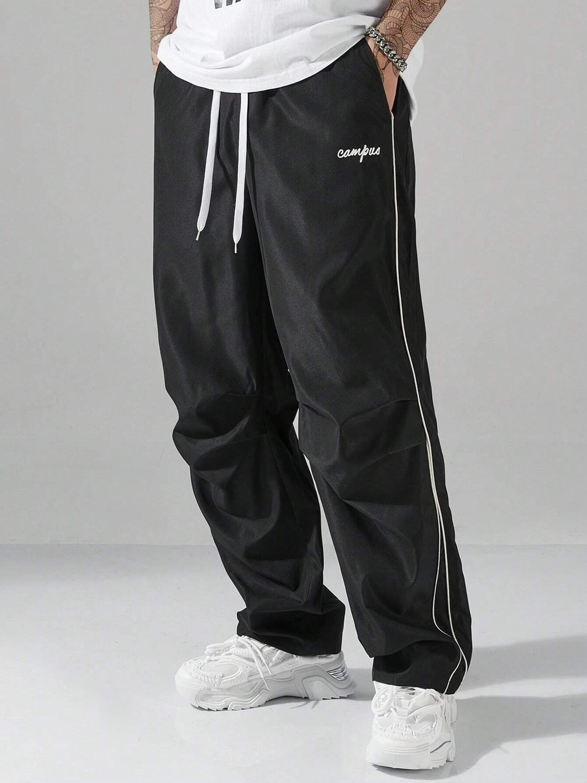 Larbulse Men Contrast Trim Trouser Fashion Casual Pants Solid Color Breathable Loose Straight Drawstring Pants Streetwear